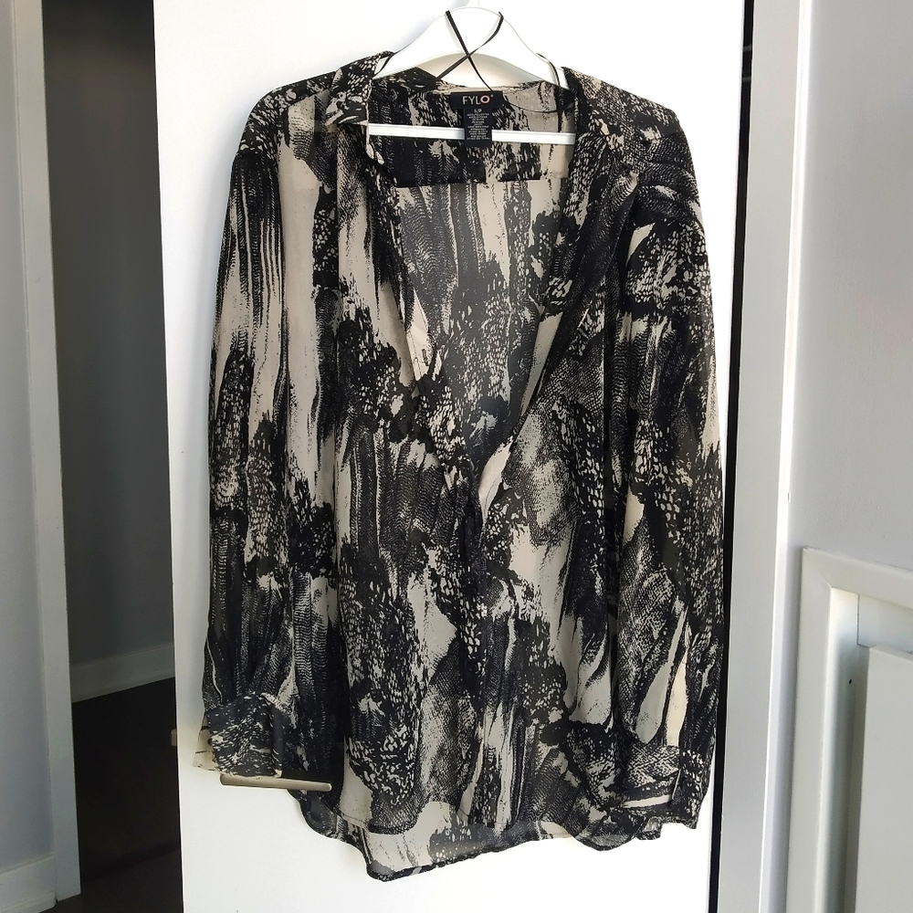 Black and beige chiffon button down top